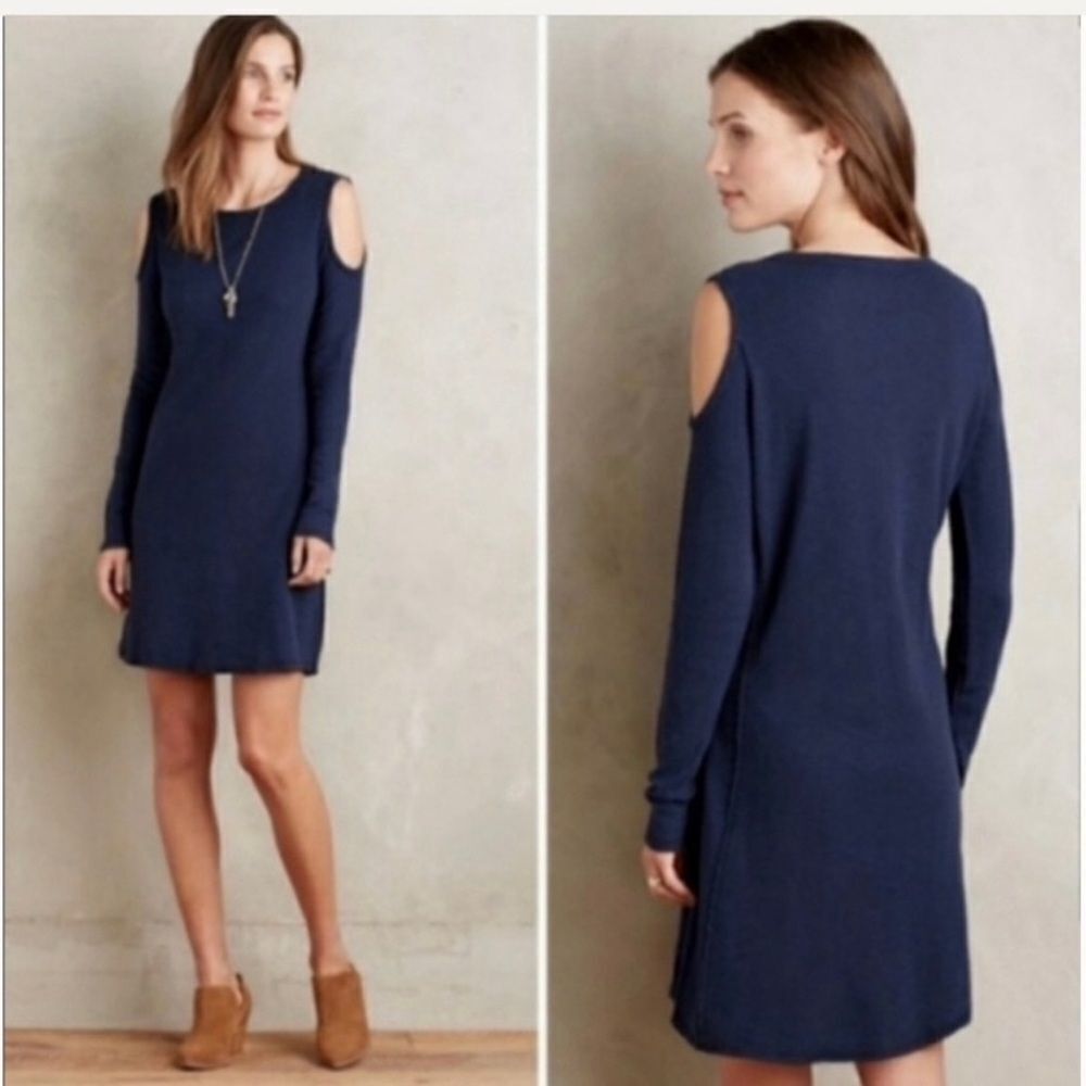 ANTHROPOLOGIE SOL ANGELES Navy APRES Cold Shoulder Dress Waffle Knit Size Large